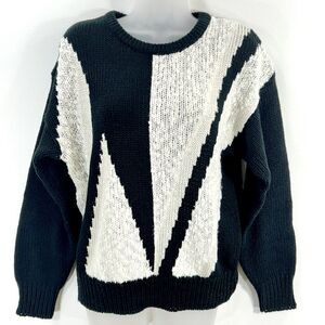 Vintage Pretense Sweater Women's L Black White Knit Preppy Grandma Geometric 80s